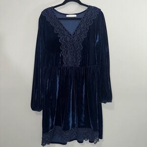 Rusttydustty Womens 2XL Navy Blue Velvet Lace Trim V-Neck Babydoll Mini Dress